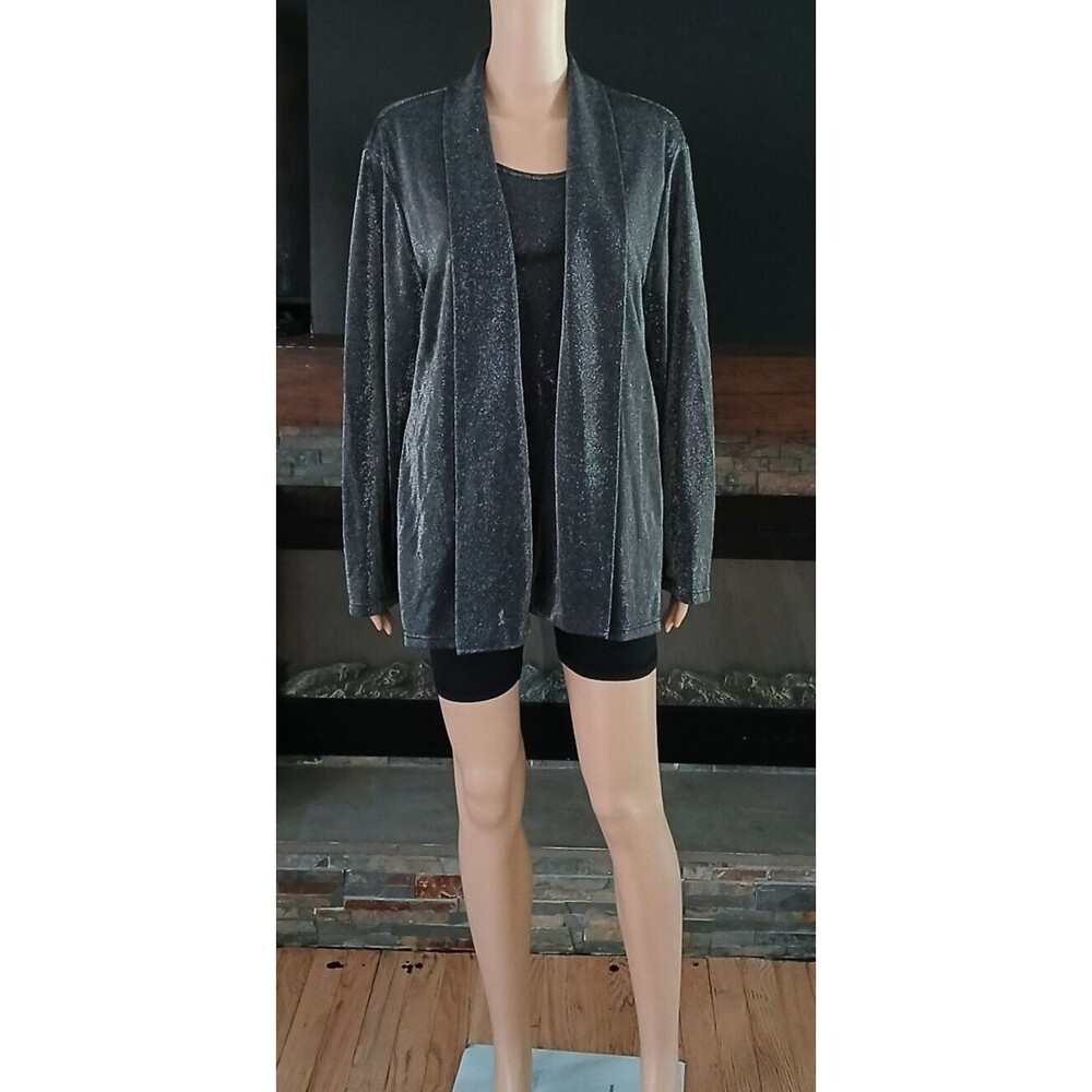Womens Black Sparkly Shimmering 2 Piece Attached Shirt Jacket Casual Wear Blouse